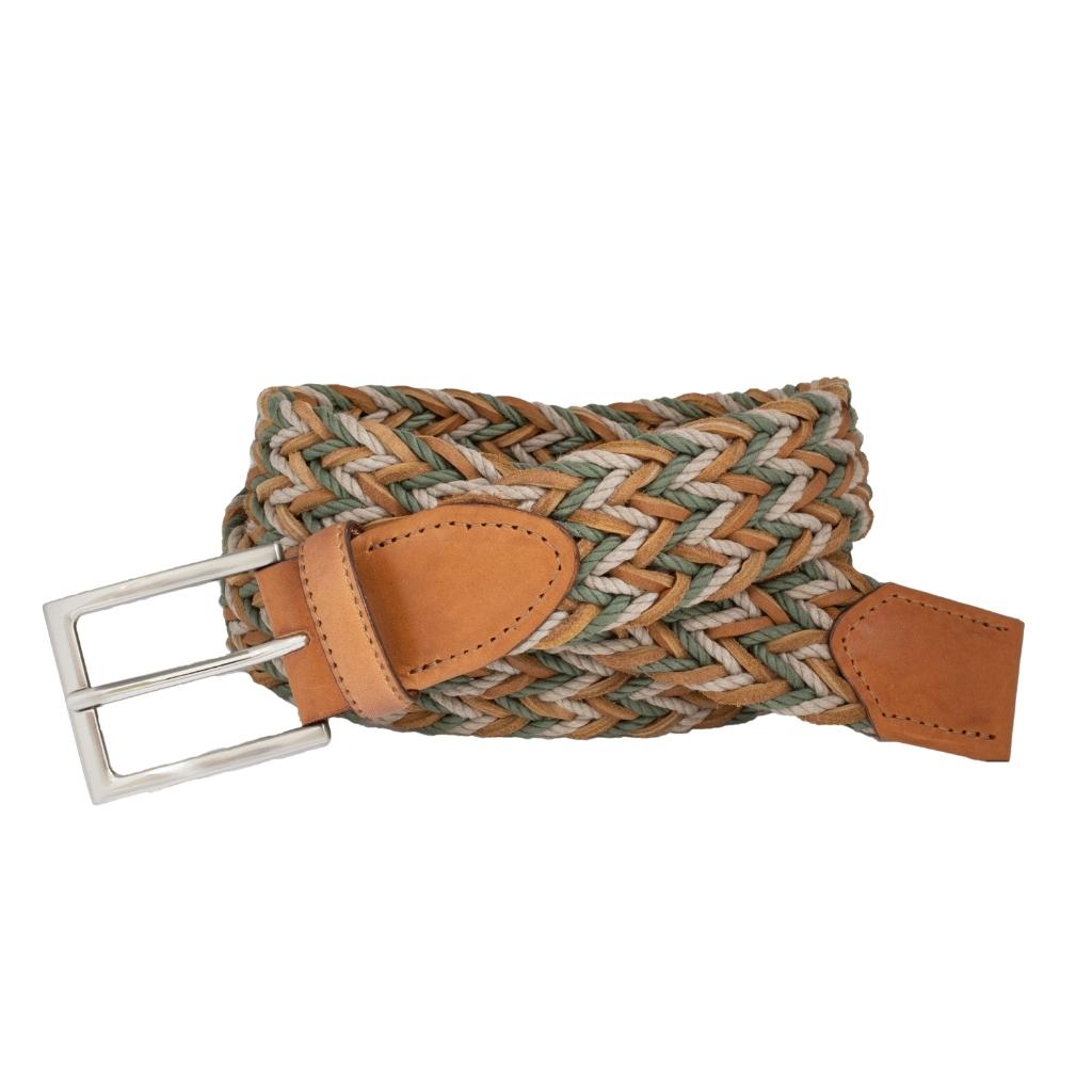 Italian Braided Leather and Linen Casual Belt in Cognac and Navy
